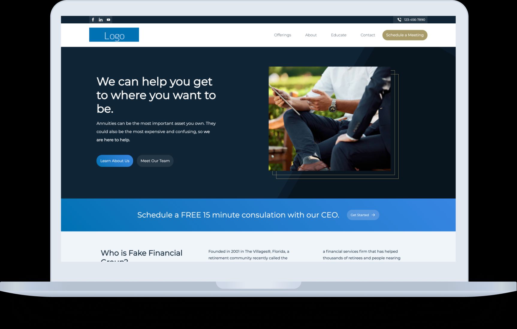 Financial Group Remake homepage, with a navigation menu, call-to-action buttons, and an image of two men talking while sitting on a bench