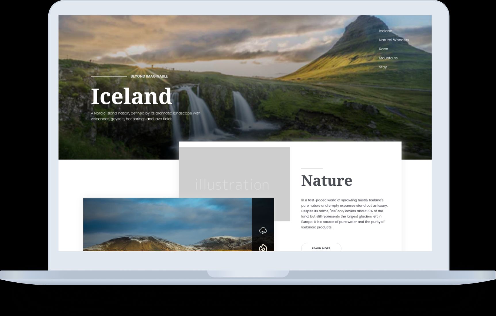 Fire & Ice landing page, with a navigation menu and Icelandic landscape images