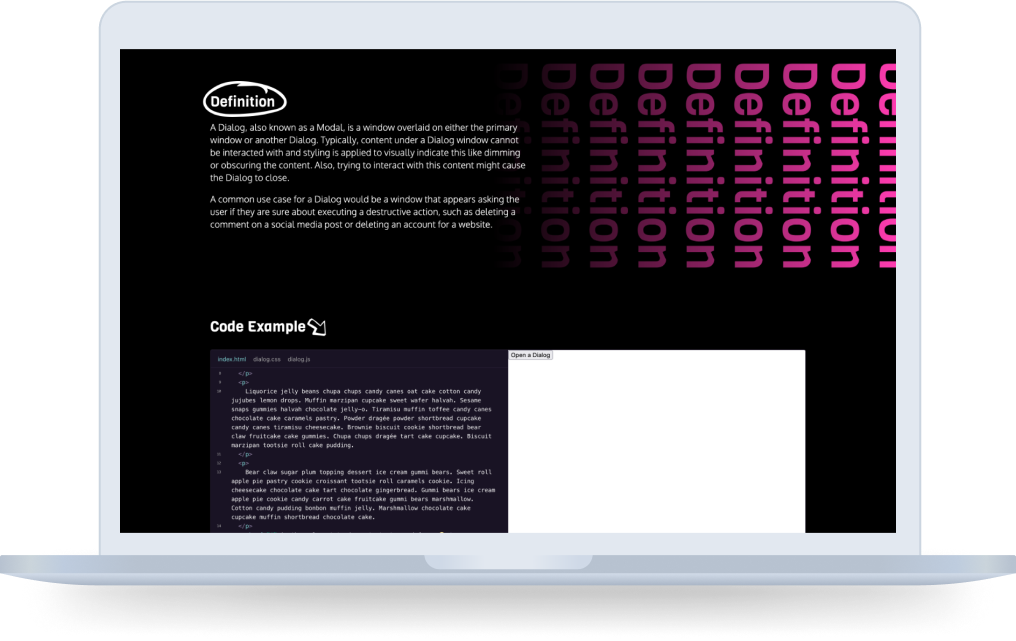 Accessible components desktop page, with the definition of a dialog component, along with an interactive code sandbox example.