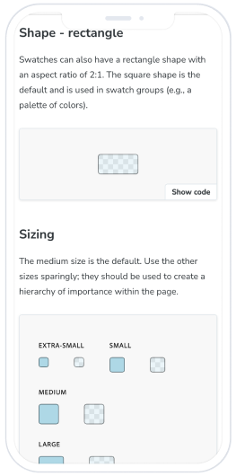 Adobe Spectrum CSS mobile page, featuring the swatch component documentation.