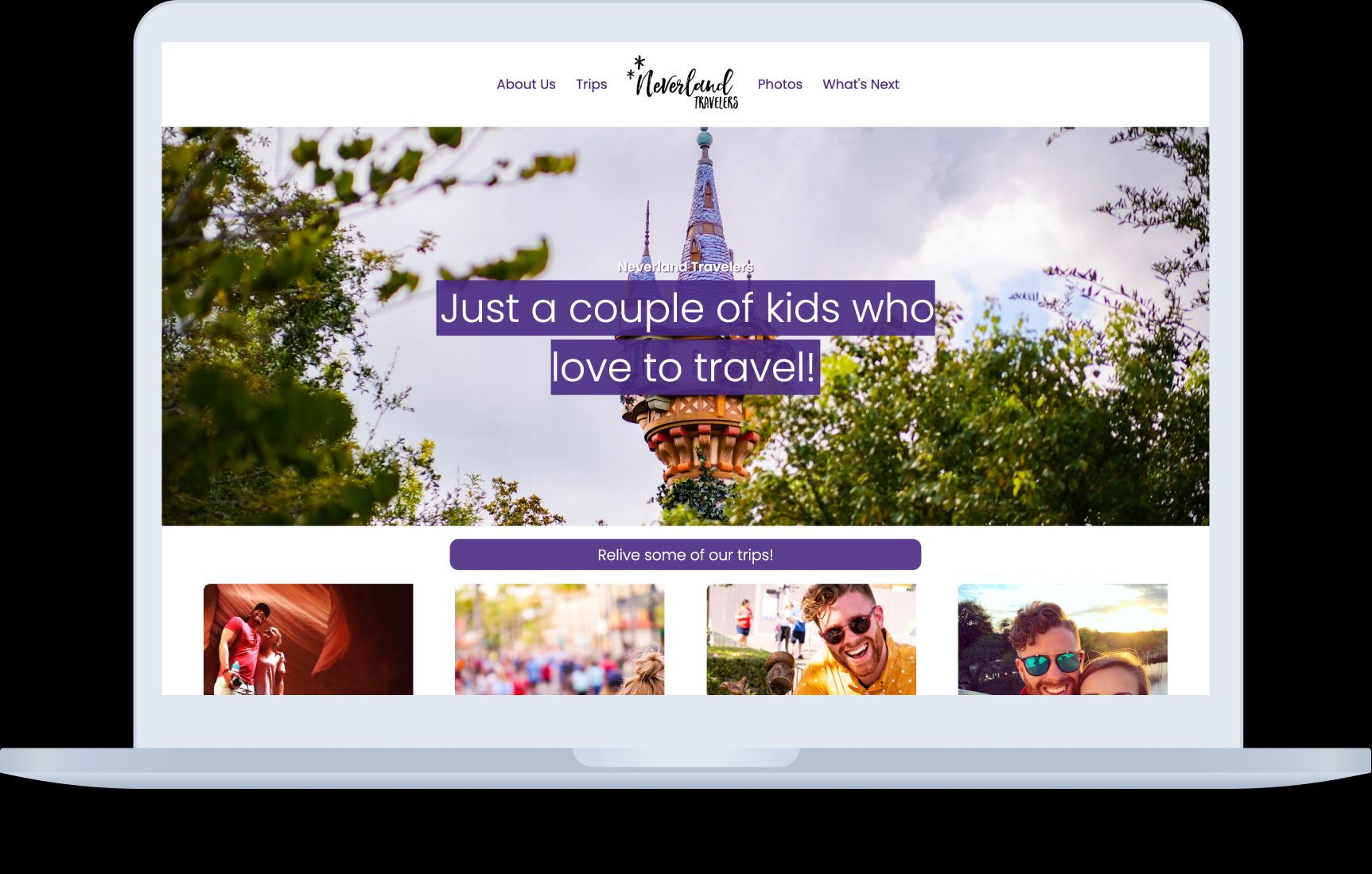 Neverland Travelers homepage, with a navigation menu, an image of a castle in Walt Disney World and several images of the Neverland Travelers